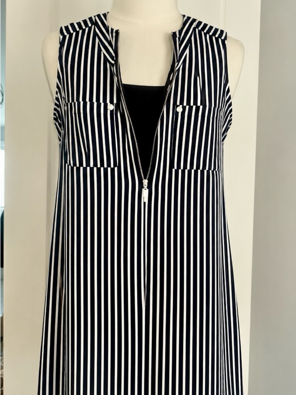 New York & Company Navy and White Striped Zip-Front Sleeveless Tunic